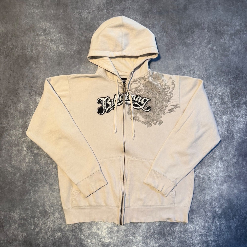 Y2K Billabong Mens Full Zip Hoodie Beige Graphic Skater Sweatshirt XL‎